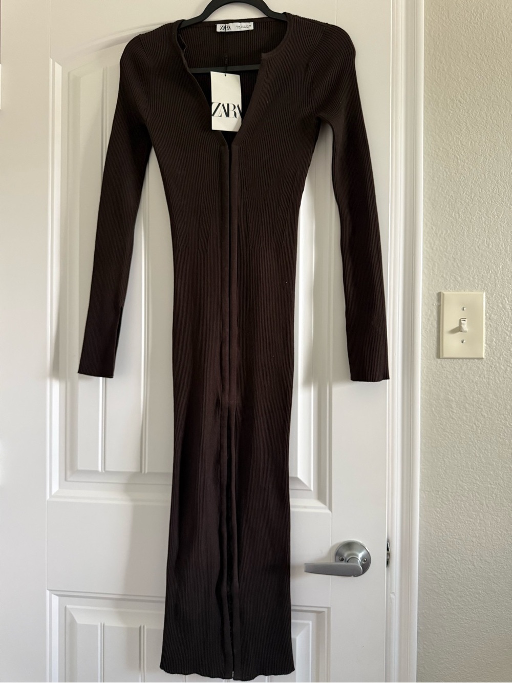 Zara Dark Brown Ribbed Long Sleeve Maxi Dress